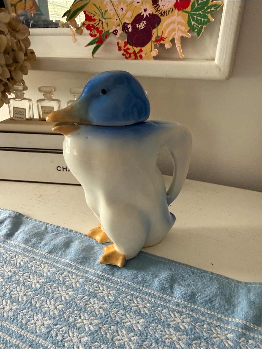Vintage Erphila Germany blue and white duck pitcher